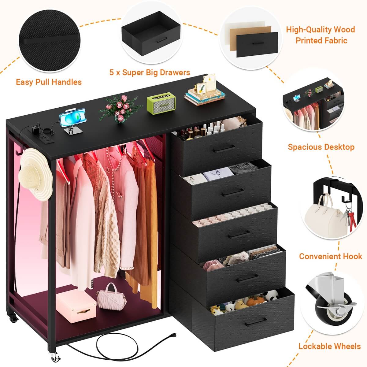 Dresser with Clothes Rack, 5 Drawers Dresser with Charging Station & LED Lights