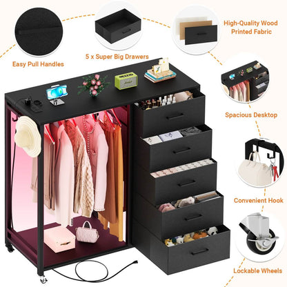Dresser with Clothes Rack, 5 Drawers Dresser with Charging Station & LED Lights