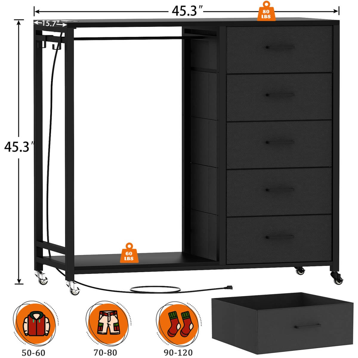 Dresser with Clothes Rack, 5 Drawers Dresser with Charging Station & LED Lights