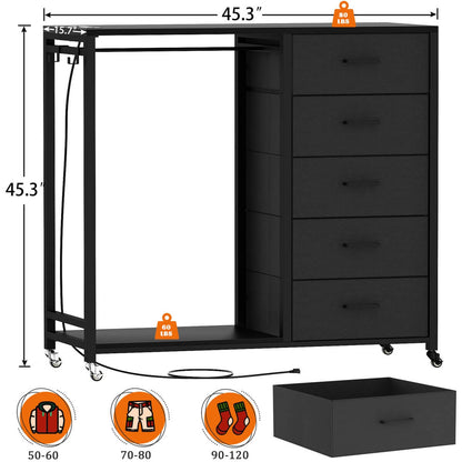 Dresser with Clothes Rack, 5 Drawers Dresser with Charging Station & LED Lights