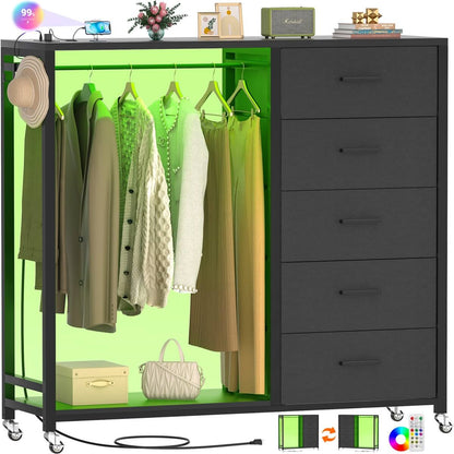 Dresser with Clothes Rack, 5 Drawers Dresser with Charging Station & LED Lights