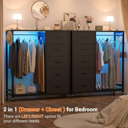 Dresser with Clothes Rack, 5 Drawers Dresser with Charging Station & LED Lights