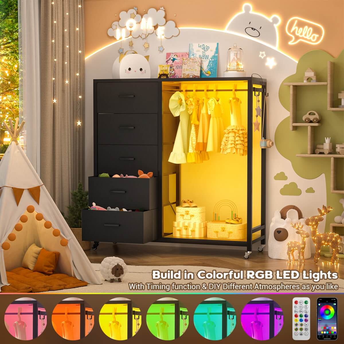 Dresser with Clothes Rack, 5 Drawers Dresser with Charging Station & LED Lights