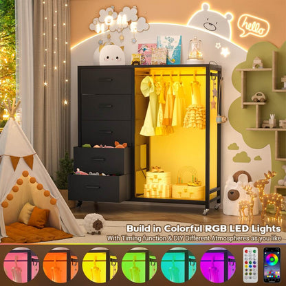 Dresser with Clothes Rack, 5 Drawers Dresser with Charging Station & LED Lights