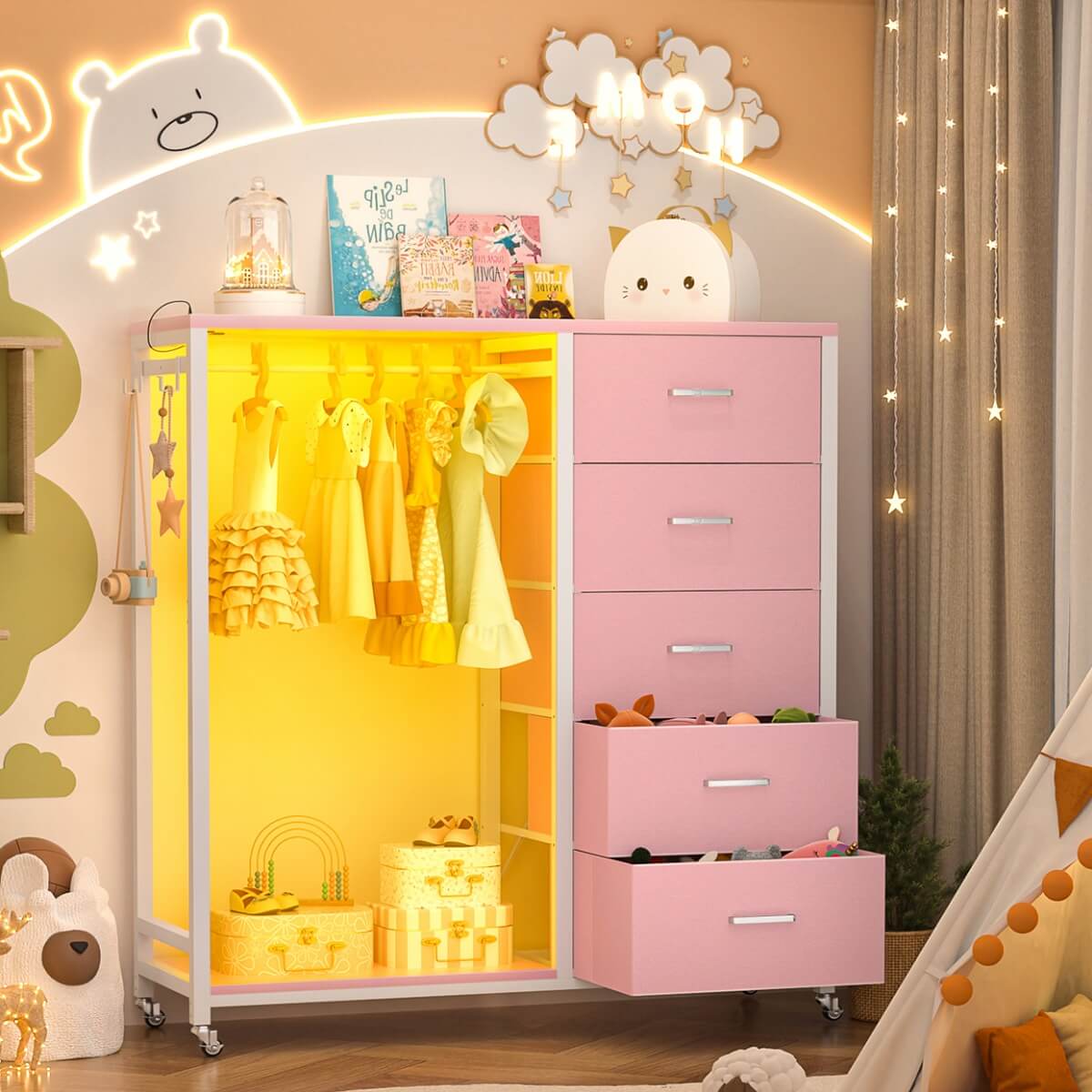 Dresser with Clothes Rack, 5 Drawers Dresser with Charging Station & LED Lights
