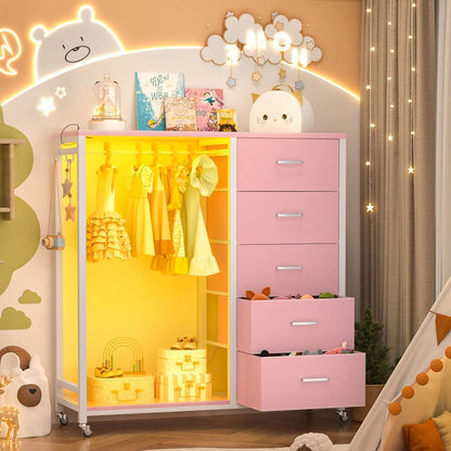 Dresser with Clothes Rack, 5 Drawers Dresser with Charging Station & LED Lights
