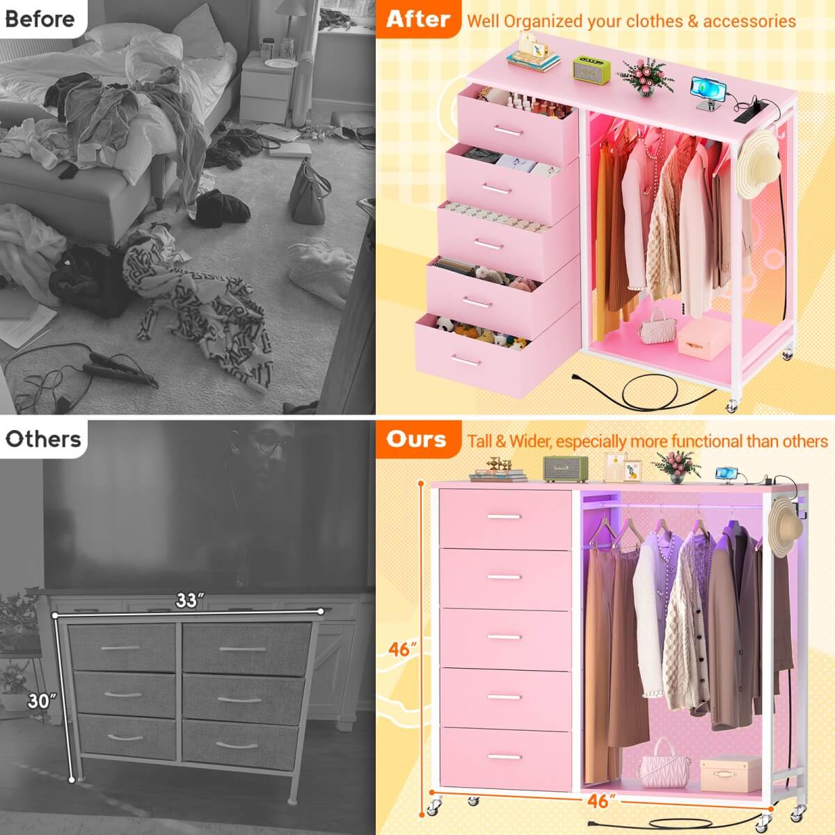 Dresser with Clothes Rack, 5 Drawers Dresser with Charging Station & LED Lights