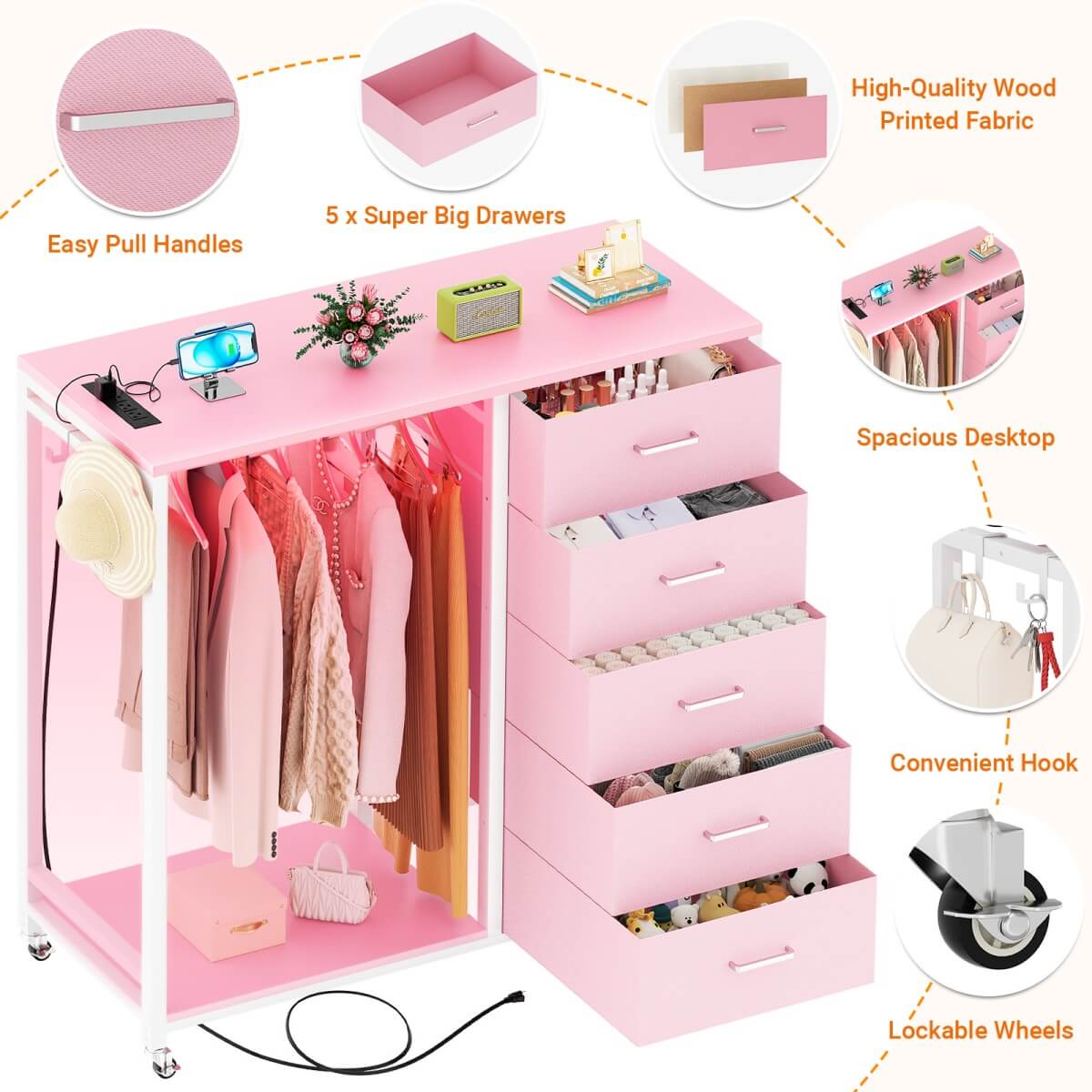 Dresser with Clothes Rack, 5 Drawers Dresser with Charging Station & LED Lights