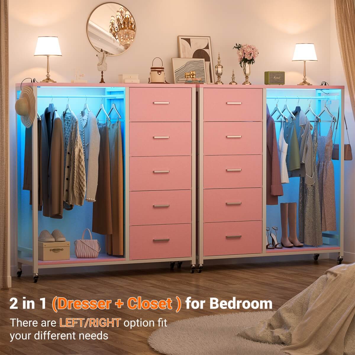 Dresser with Clothes Rack, 5 Drawers Dresser with Charging Station & LED Lights