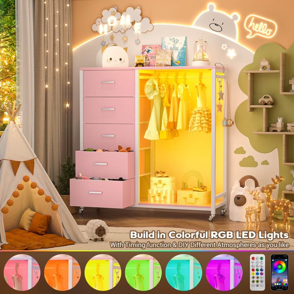 Dresser with Clothes Rack, 5 Drawers Dresser with Charging Station & LED Lights