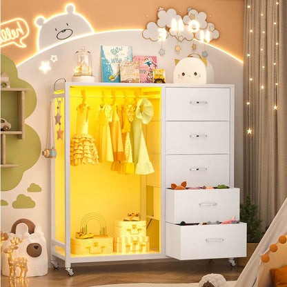 Dresser with Clothes Rack, 5 Drawers Dresser with Charging Station & LED Lights