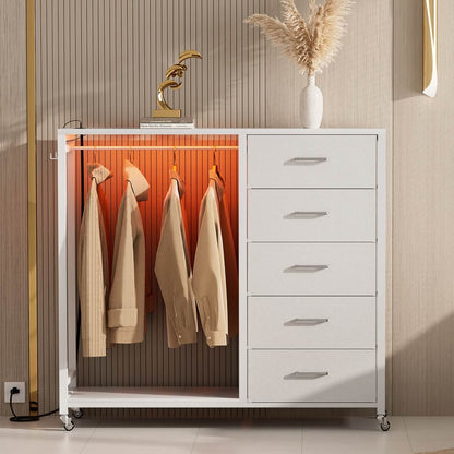 Dresser with Clothes Rack, 5 Drawers Dresser with Charging Station & LED Lights
