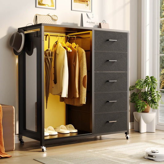 5 Drawer Dresser for Bedroom with Clothes Rack & Mirror