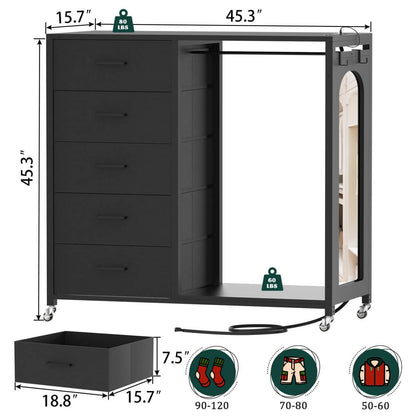 5 Drawer Dresser for Bedroom with Clothes Rack & Mirror
