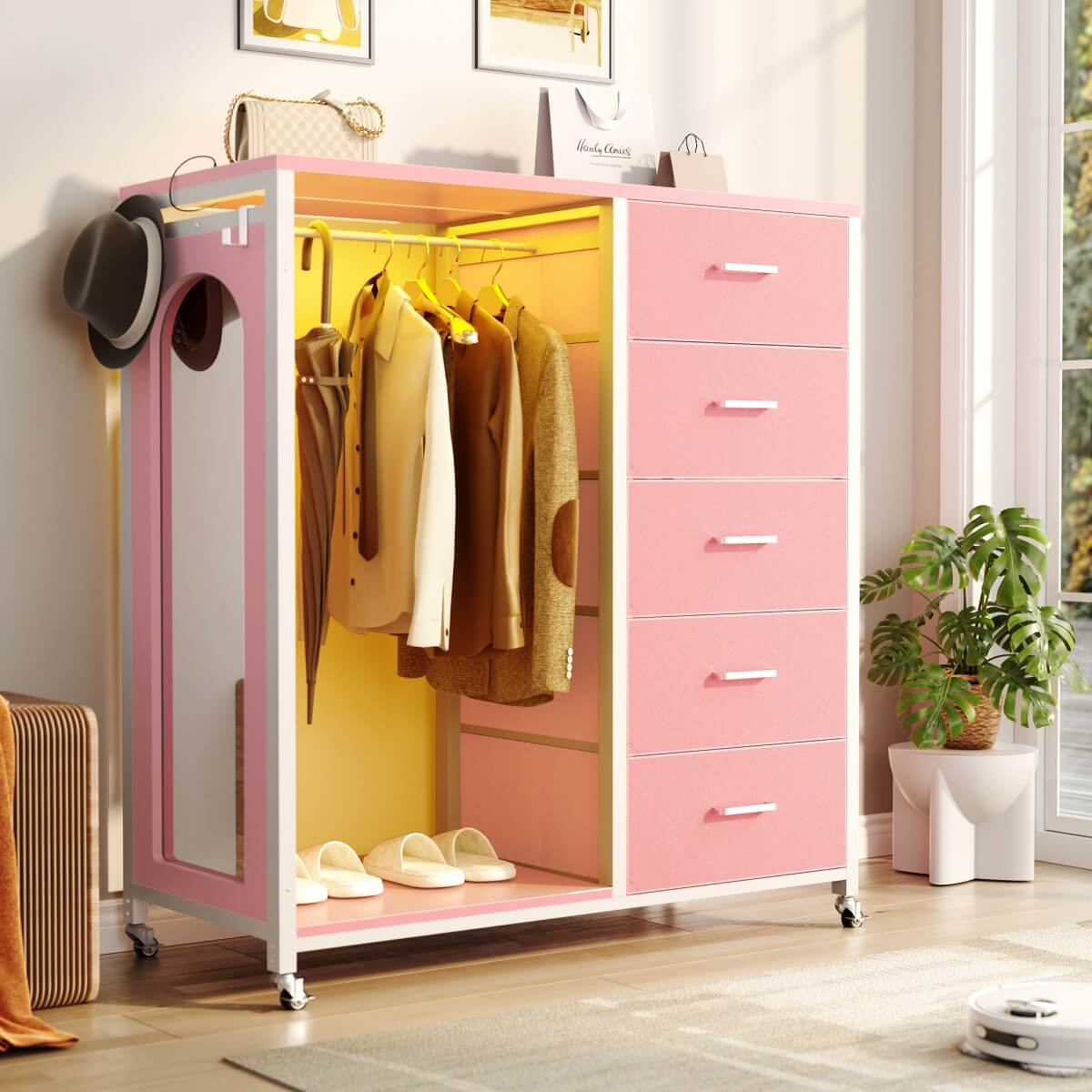 5 Drawer Dresser for Bedroom with Clothes Rack & Mirror