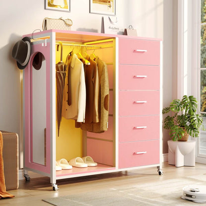 5 Drawer Dresser for Bedroom with Clothes Rack & Mirror
