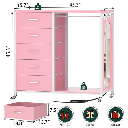 5 Drawer Dresser for Bedroom with Clothes Rack & Mirror
