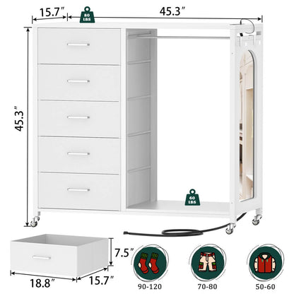 5 Drawer Dresser for Bedroom with Clothes Rack & Mirror