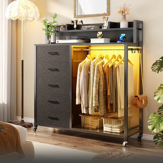 Dresser for Bedroom with Clothes Rack & Shelves