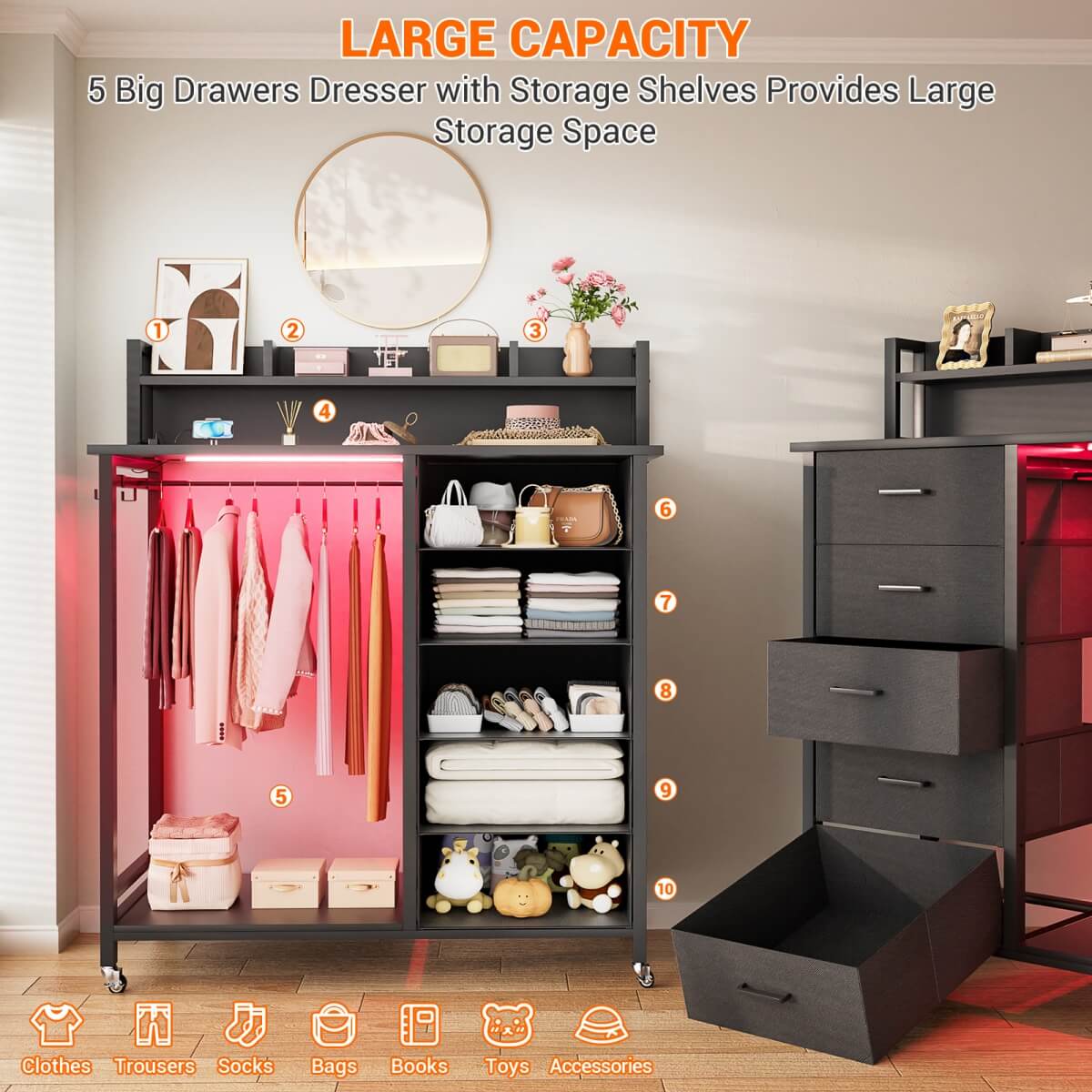 Dresser for Bedroom with Clothes Rack & Shelves