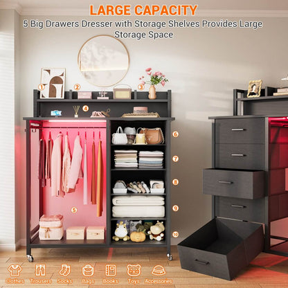 Dresser for Bedroom with Clothes Rack & Shelves
