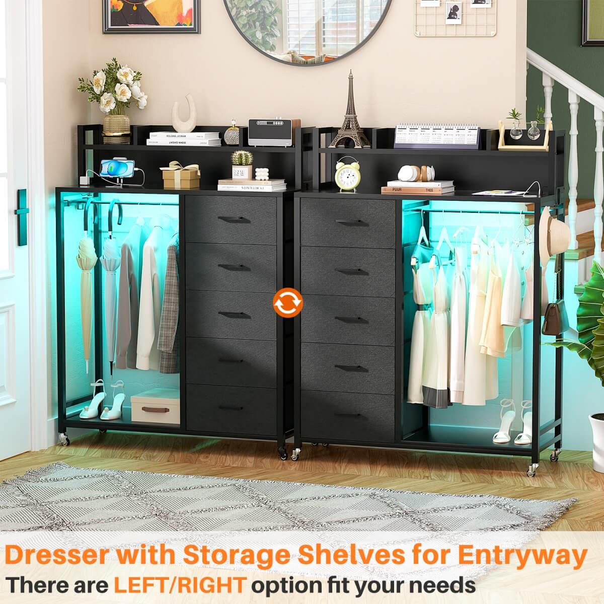 Dresser for Bedroom with Clothes Rack & Shelves