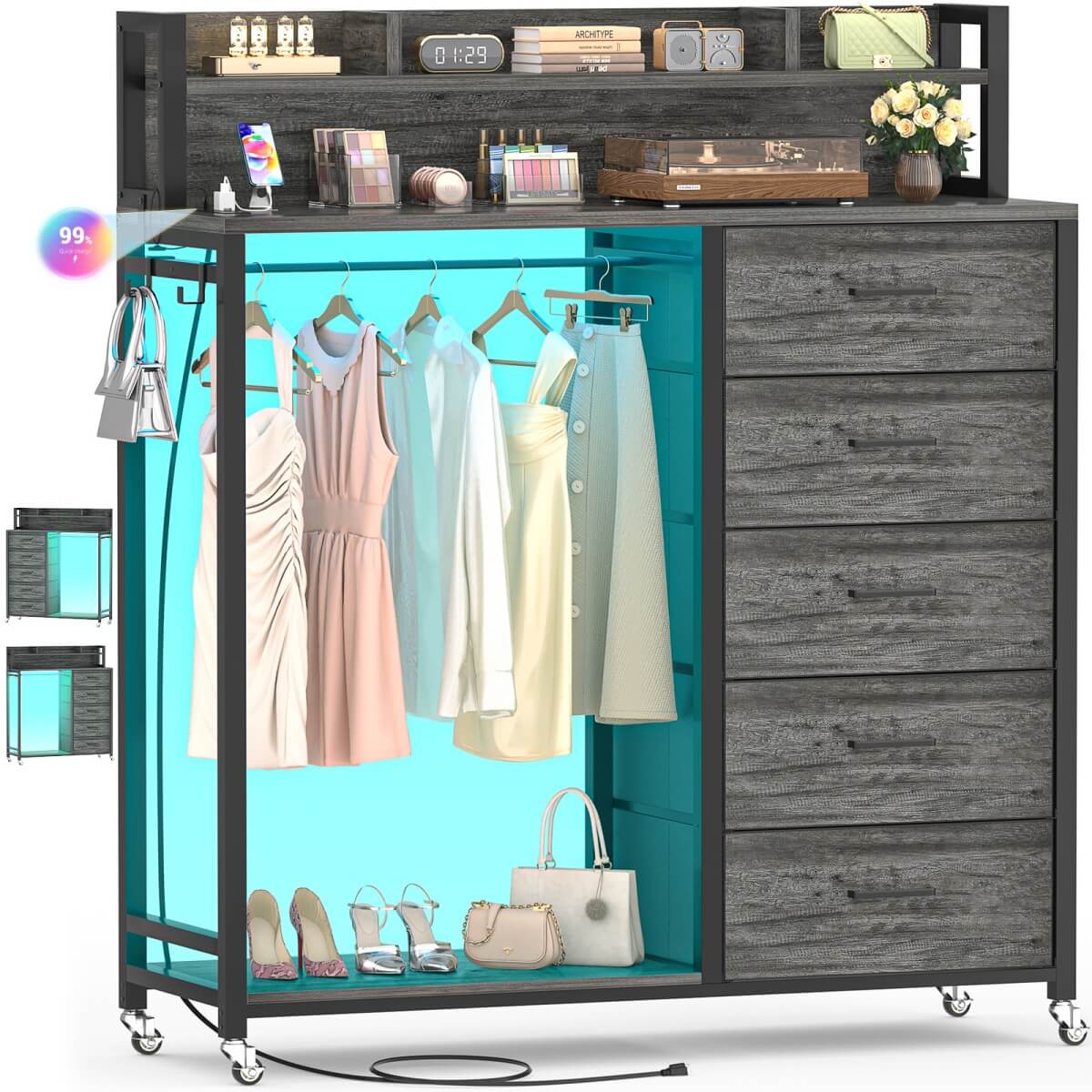 Dresser for Bedroom with Clothes Rack & Shelves