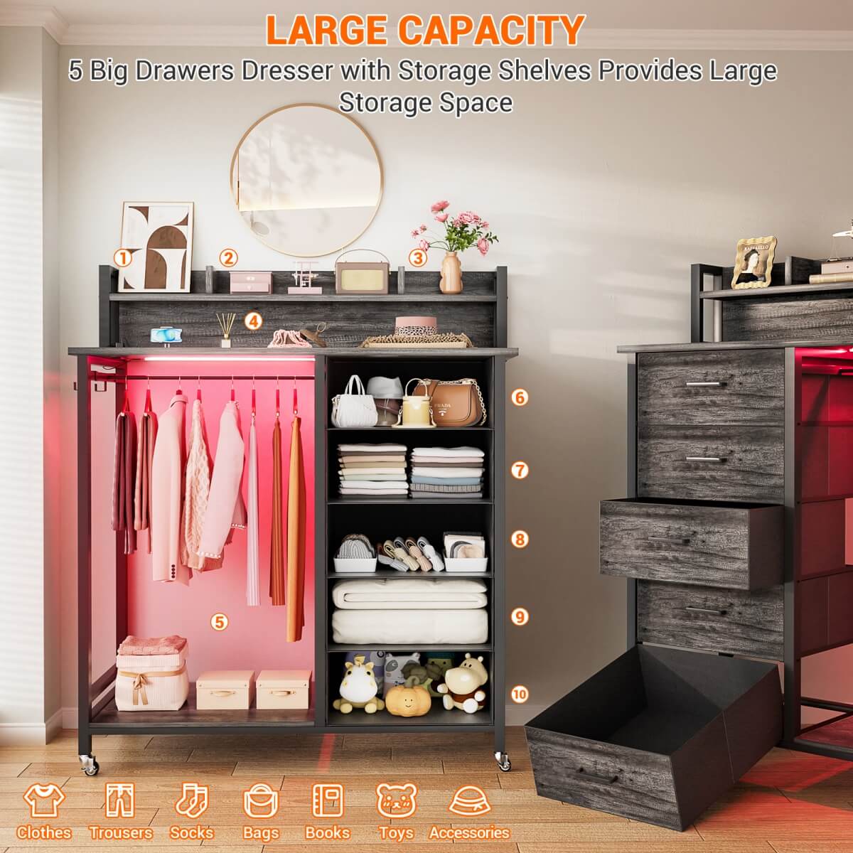 Dresser for Bedroom with Clothes Rack & Shelves