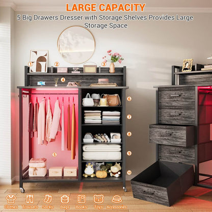 Dresser for Bedroom with Clothes Rack & Shelves