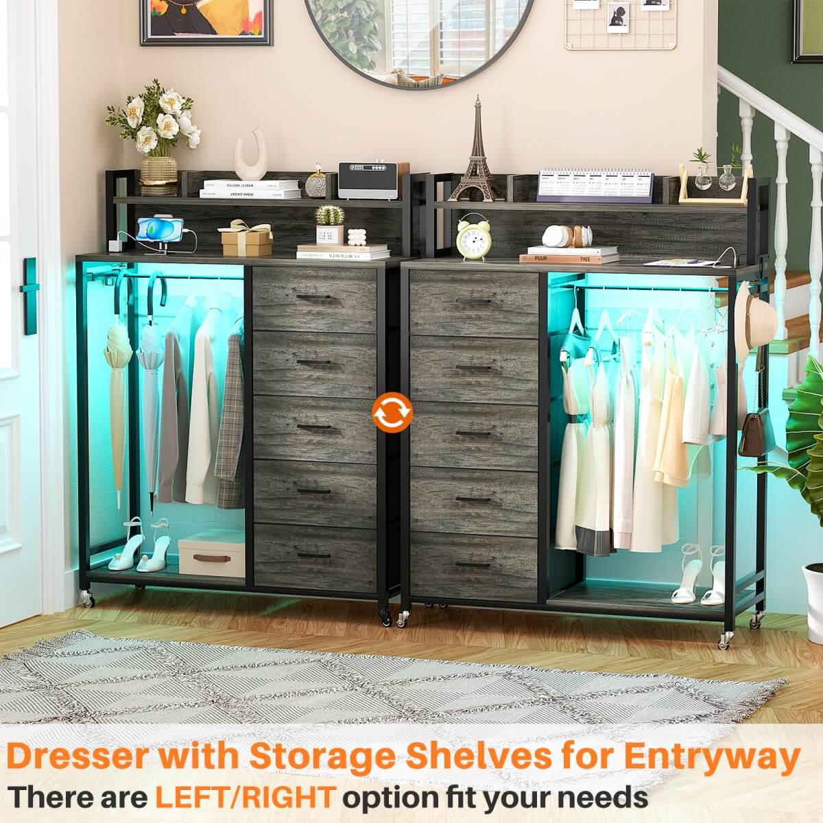 Dresser for Bedroom with Clothes Rack & Shelves