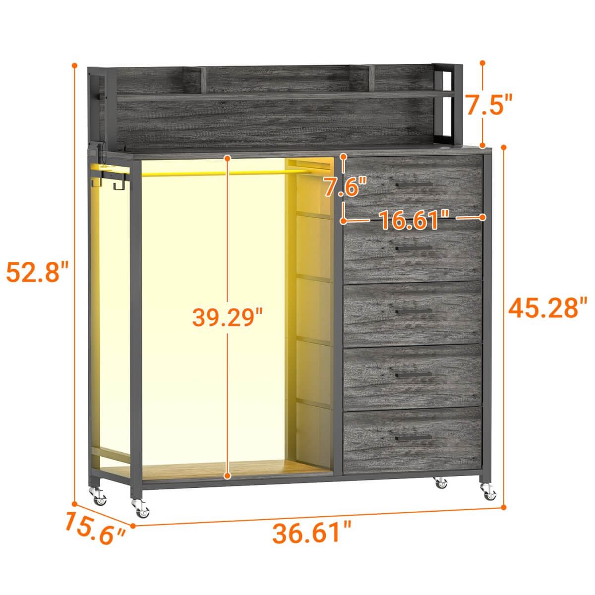 Dresser for Bedroom with Clothes Rack & Shelves