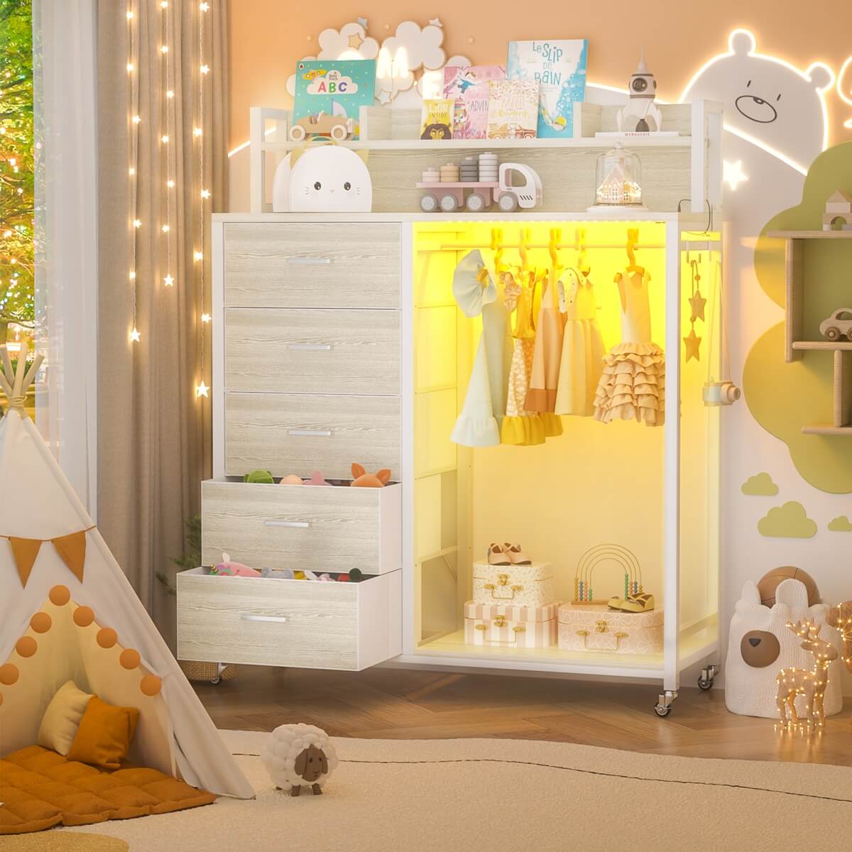 Dresser for Bedroom with Clothes Rack & Shelves
