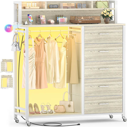 Dresser for Bedroom with Clothes Rack & Shelves