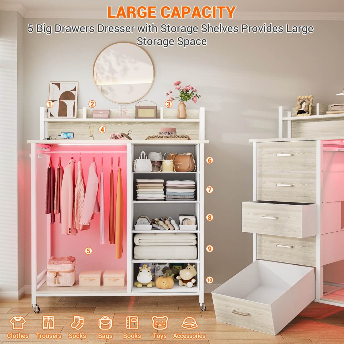 Dresser for Bedroom with Clothes Rack & Shelves