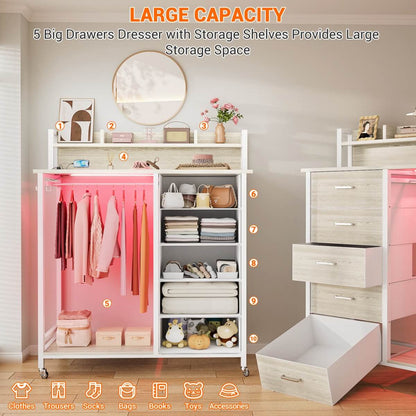 Dresser for Bedroom with Clothes Rack & Shelves