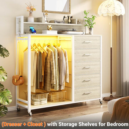 Dresser for Bedroom with Clothes Rack & Shelves