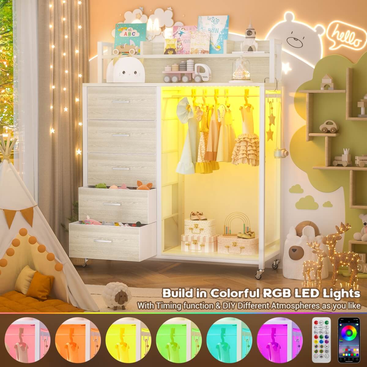 Dresser for Bedroom with Clothes Rack & Shelves