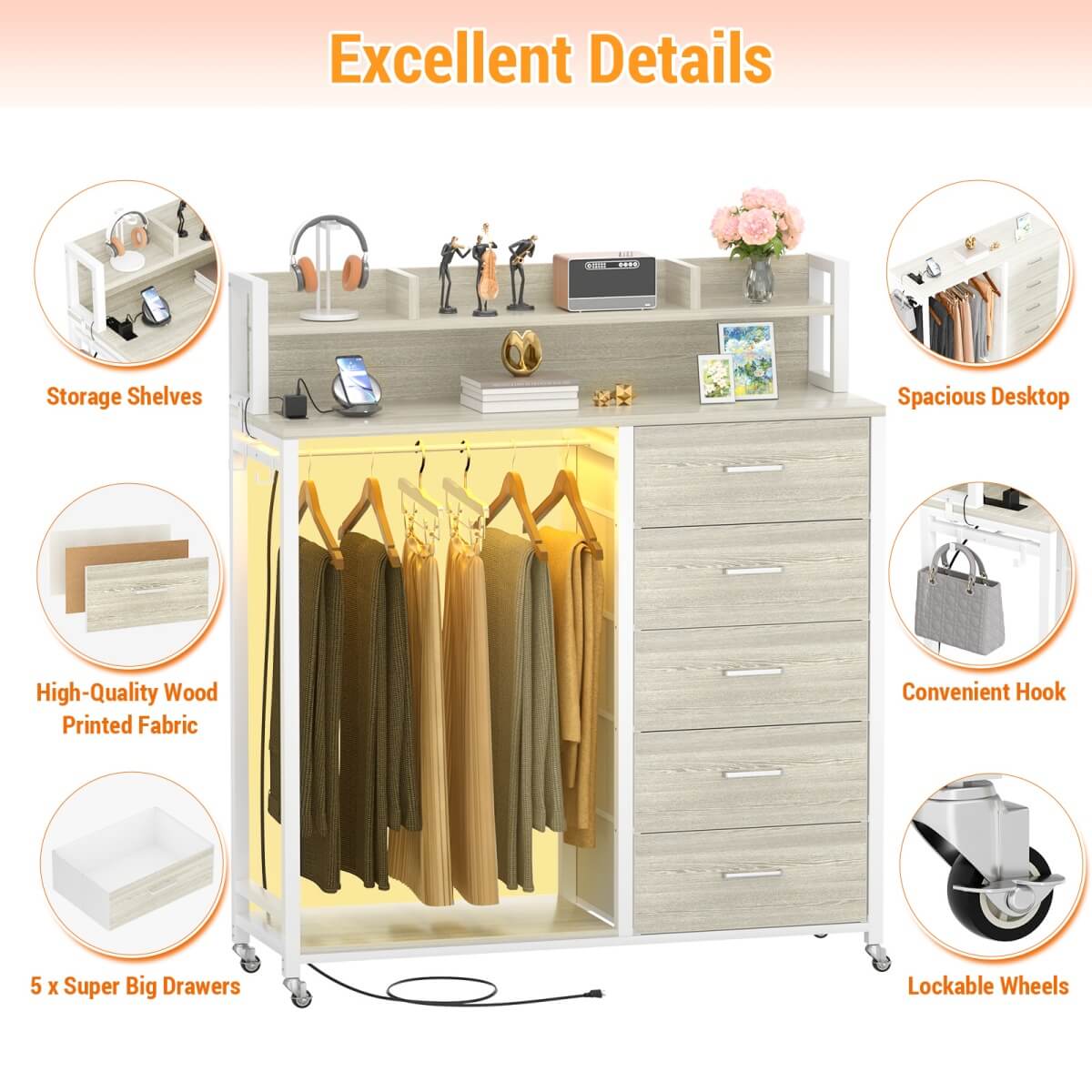 Dresser for Bedroom with Clothes Rack & Shelves