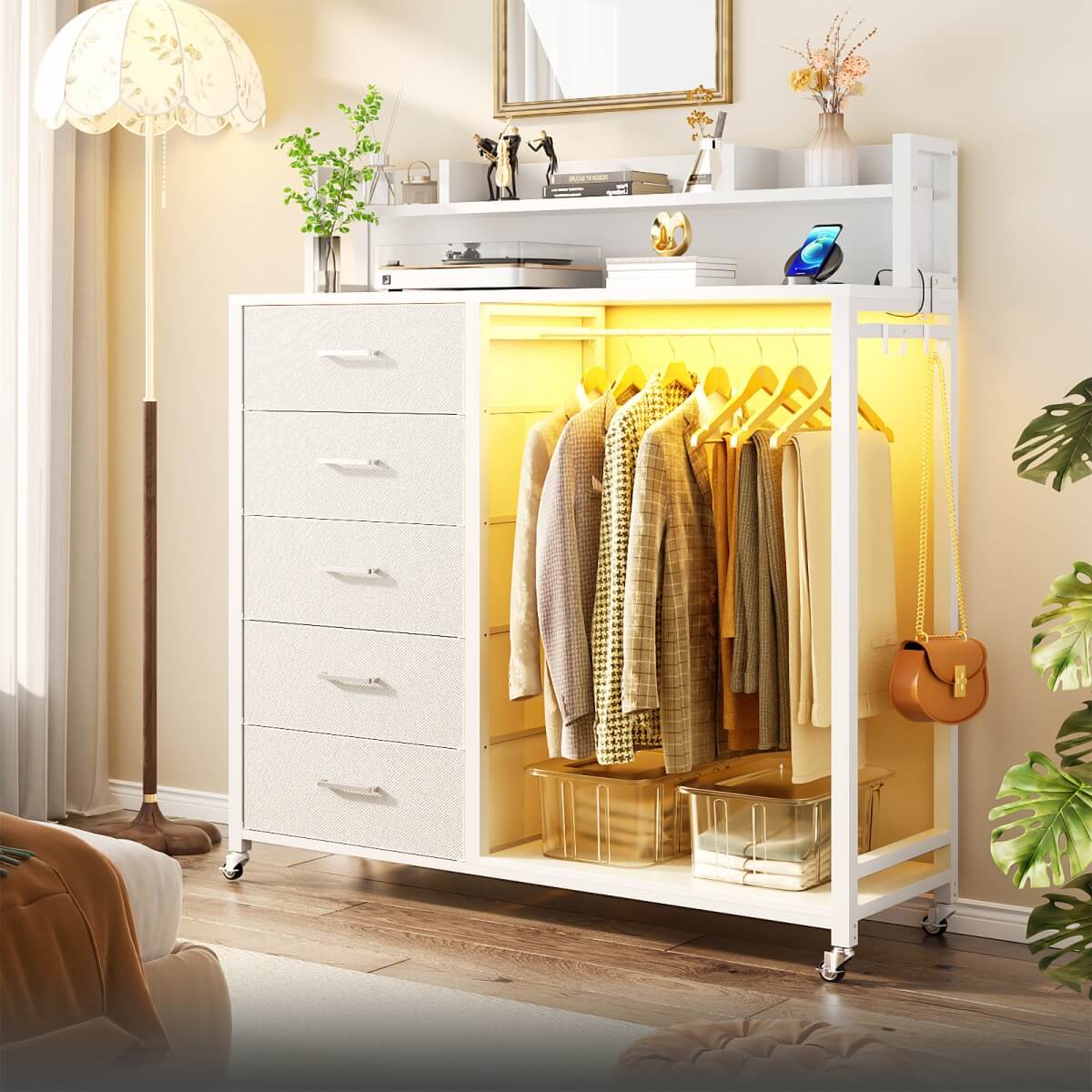 Dresser for Bedroom with Clothes Rack & Shelves