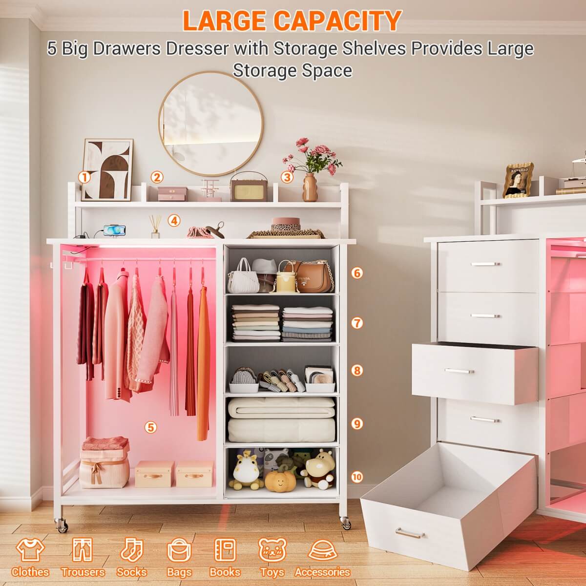 Dresser for Bedroom with Clothes Rack & Shelves