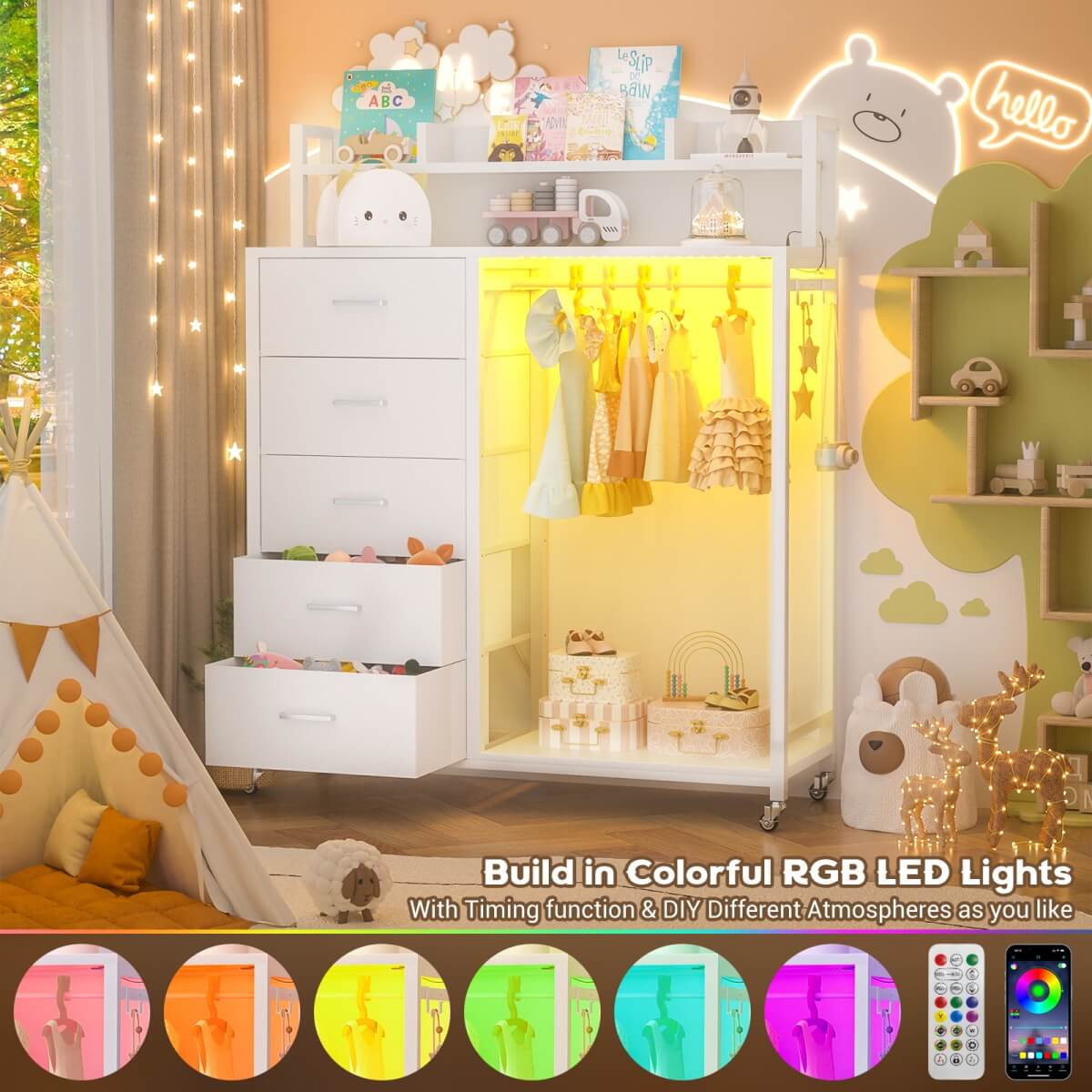 Dresser for Bedroom with Clothes Rack & Shelves