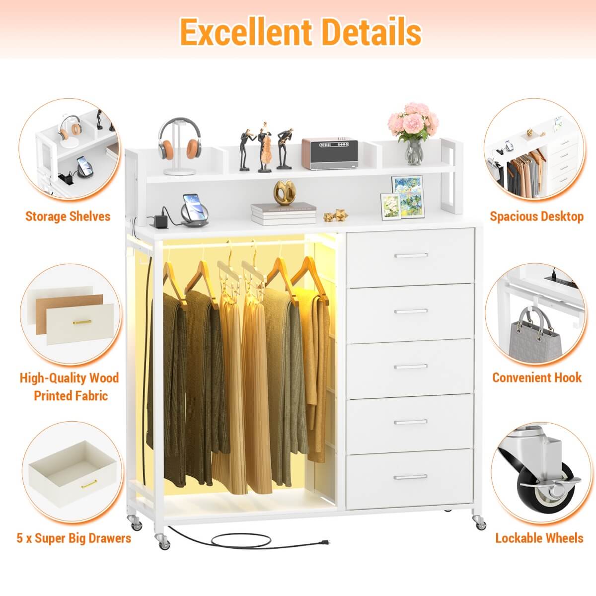Dresser for Bedroom with Clothes Rack & Shelves