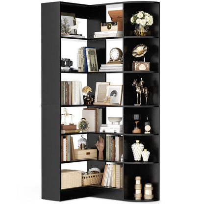 71" Tall 7-Tier Corner Shelf, L-Shaped Corner Bookshelf