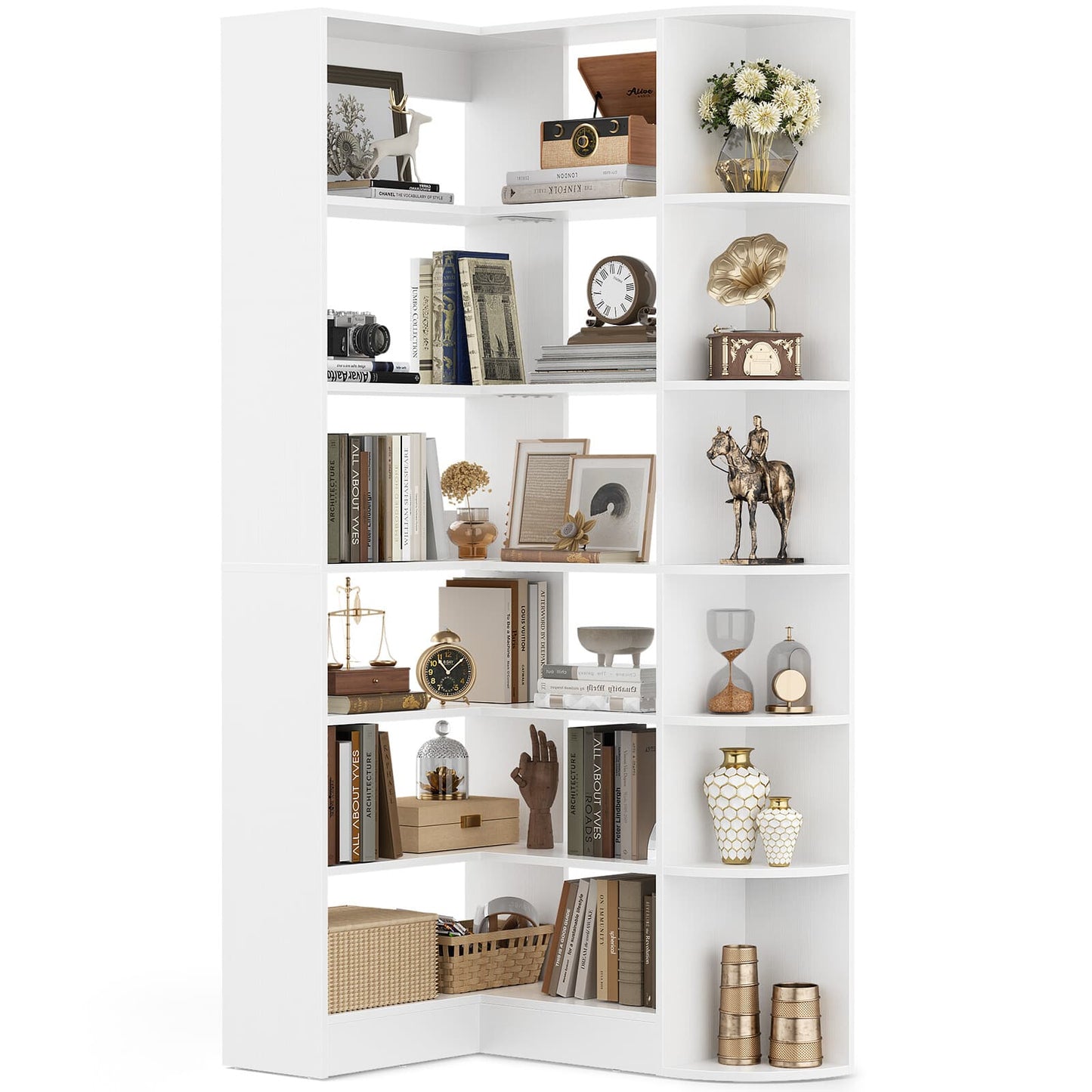 71" Tall 7-Tier Corner Shelf, L-Shaped Corner Bookshelf