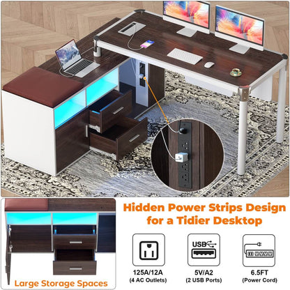 L Shaped Desk with File Cabinet and Power Strip