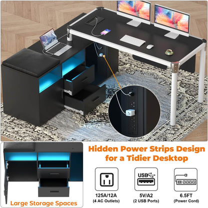 L Shaped Desk with File Cabinet and Power Strip