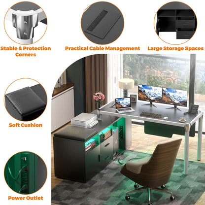 L Shaped Desk with File Cabinet and Power Strip