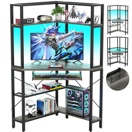 Corner Computer Desk with Power Outlets & LED Light