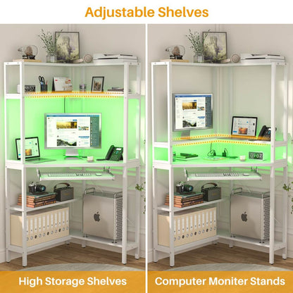 Corner Computer Desk with Power Outlets & LED Light