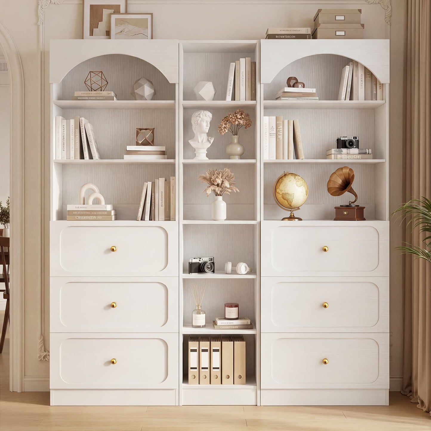 80" Tall Bookshelf System with 6 Drawers, Arched Corner Bookcase with 12-Tier Open Shelves